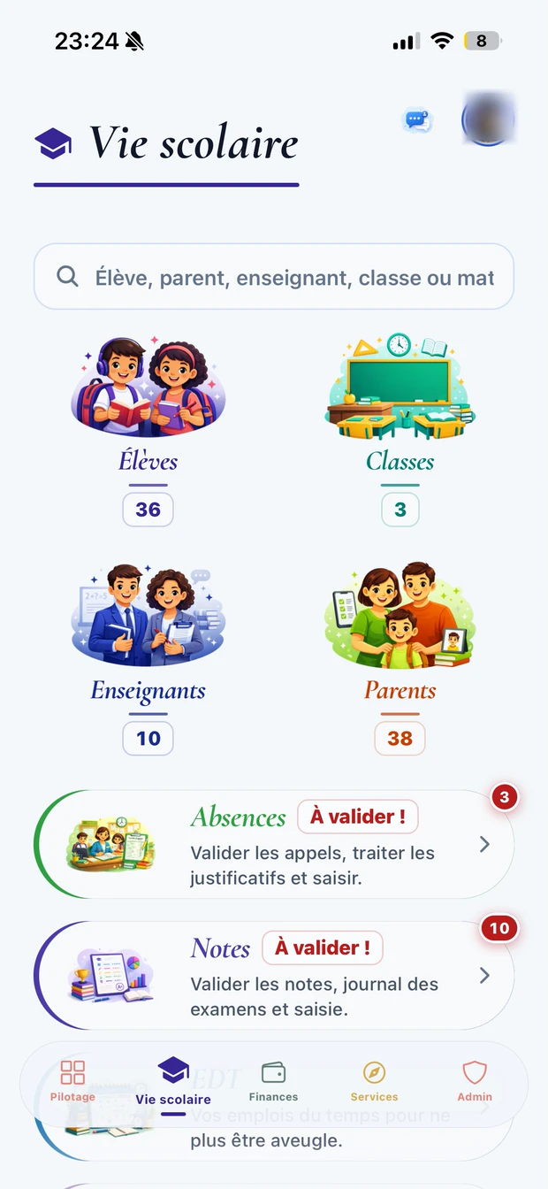 Tableau de bord direction de l'application Talibi : élèves, classes, enseignants, parents.